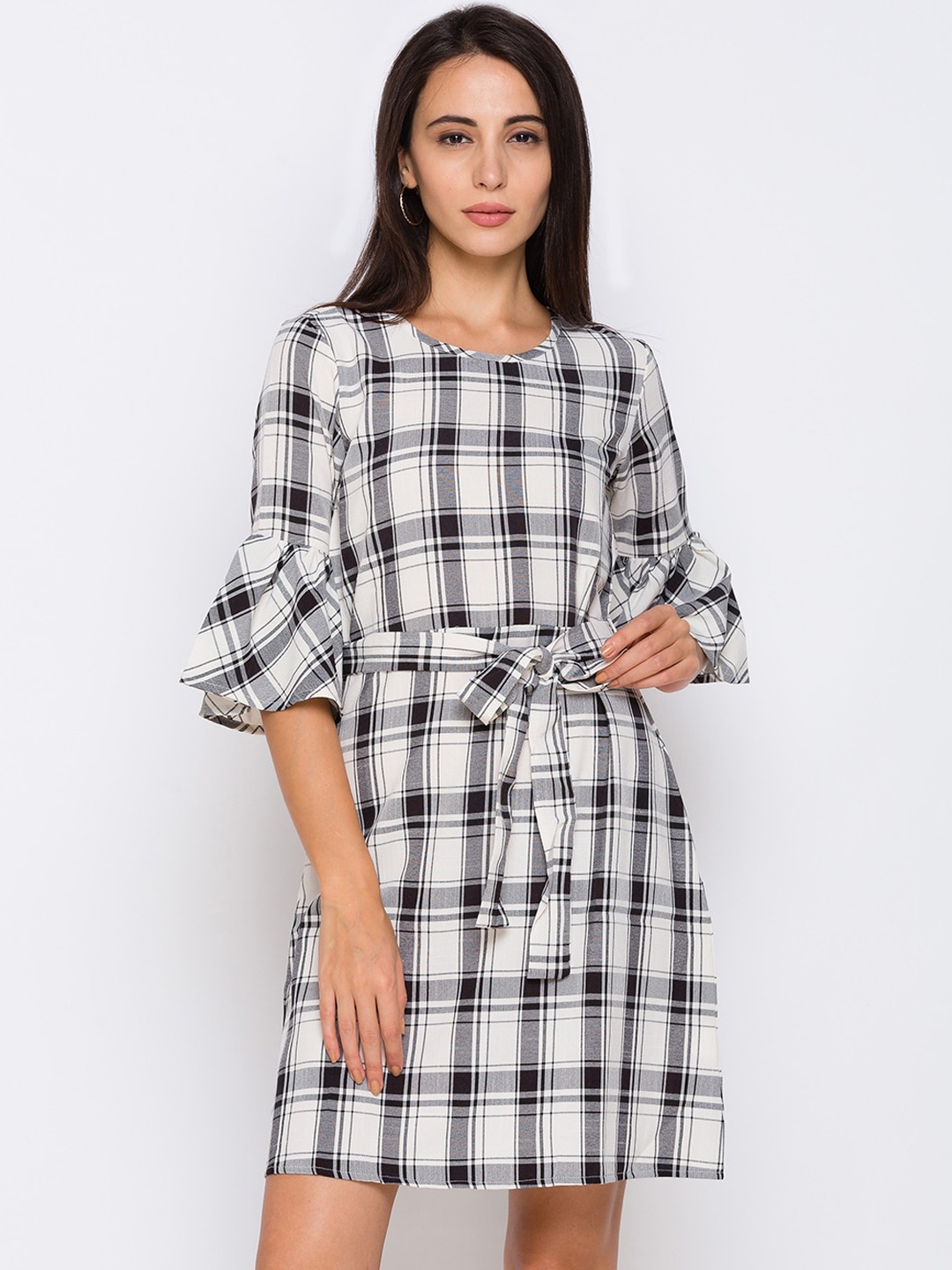 

Globus Women White & Black Checked A-Line Dress with Belt