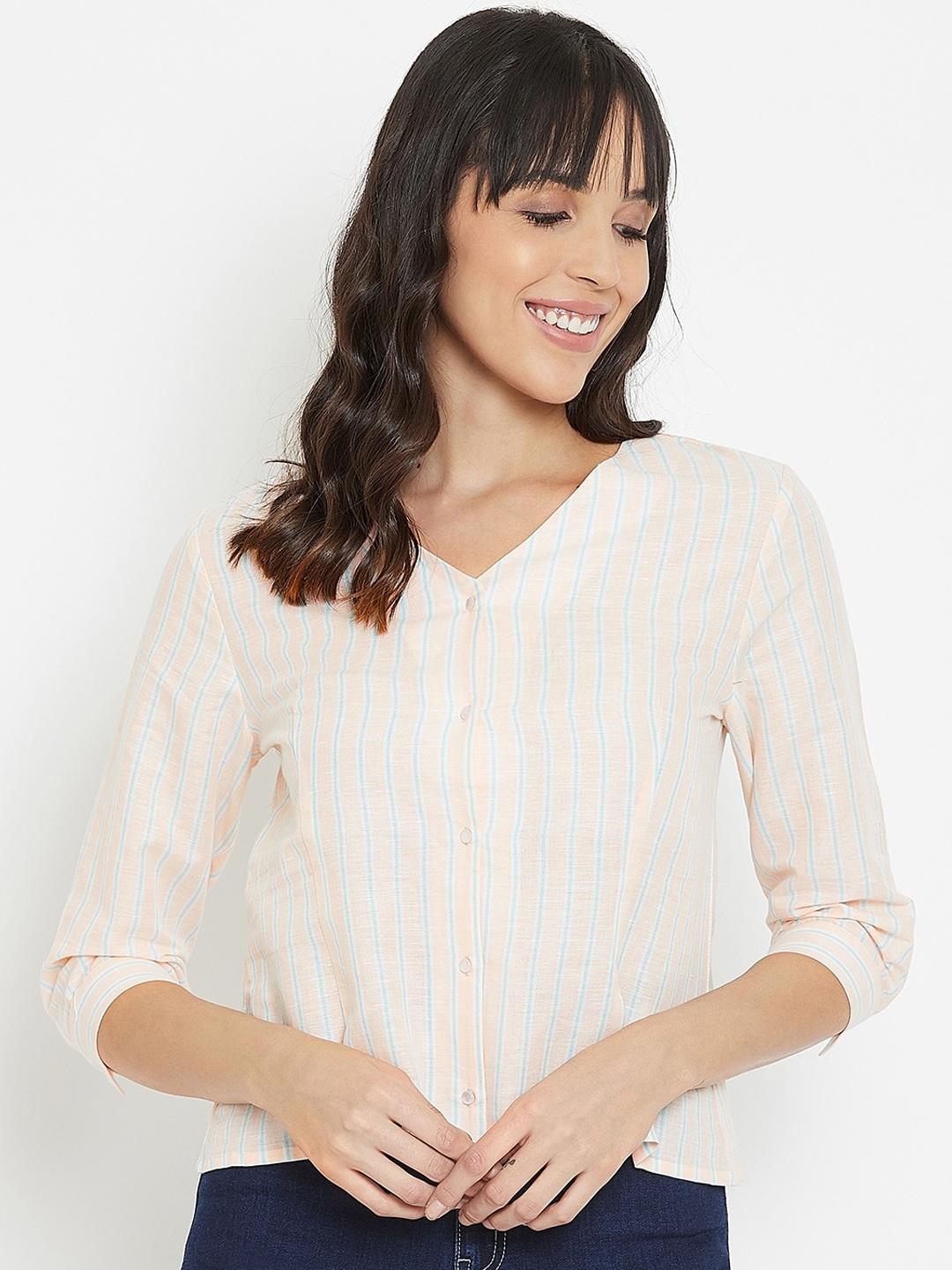 

Madame Peach-Coloured & Blue Striped V Neck Cuffed Sleeves Top