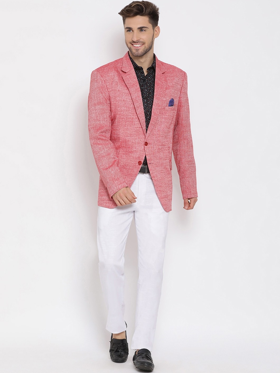 

Hangup Men Coral Pink & White Self-Design Single-Breasted Three-Piece Linen Party Suit