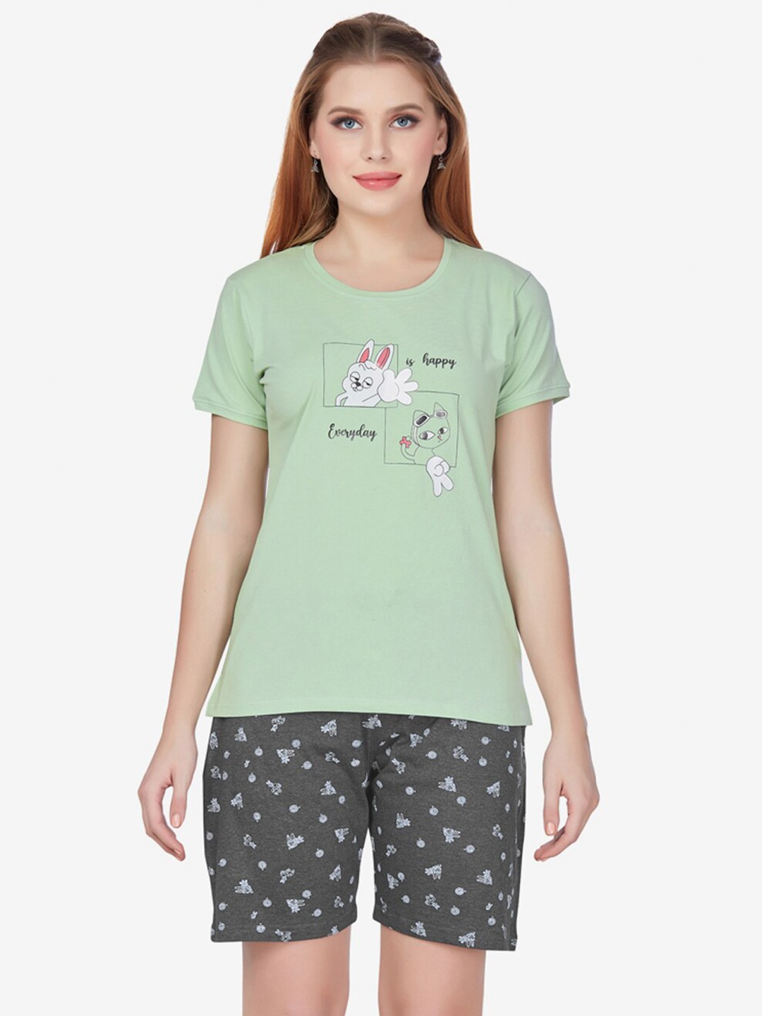 

Lenissa Women Sea Green & Grey Printed Night suit