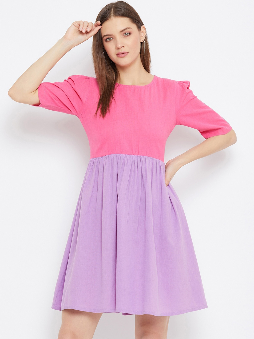 

THE SILHOUETTE STORE Women Pink & Purple Colourblocked Cotton A-Line Dress