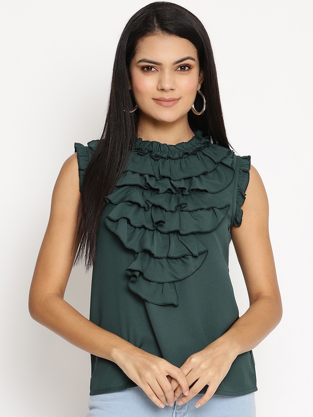 

HOUSE OF KKARMA Green Crepe Ruffle Top