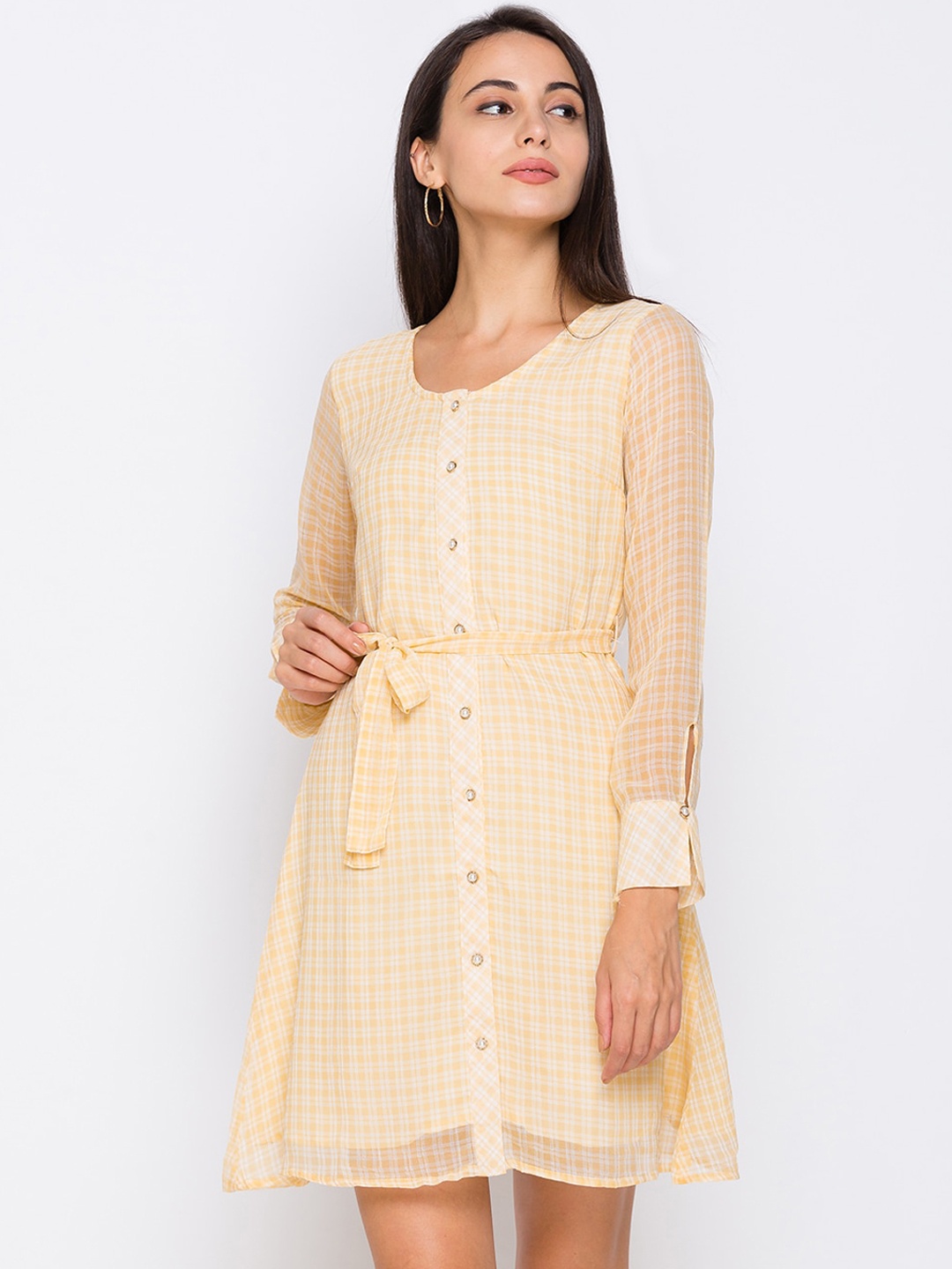 

Globus Women Yellow & White Checked A-Line Dress