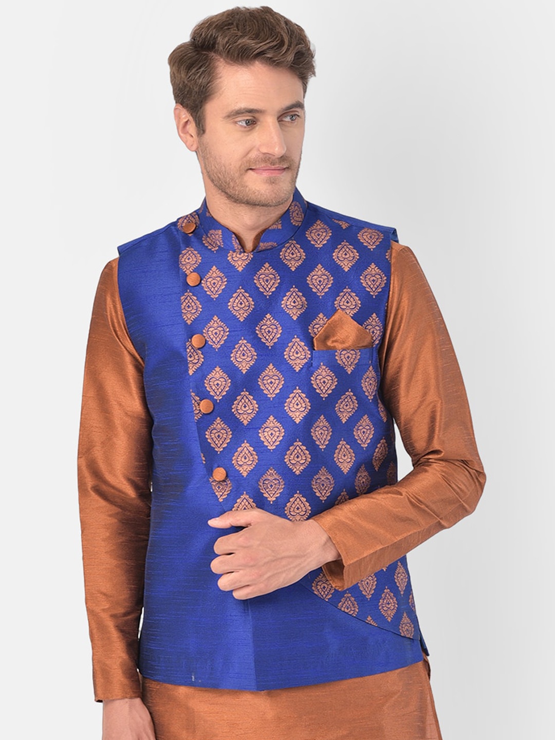 DEYANN Men Blue & Brown Printed Woven Nehru Jacket