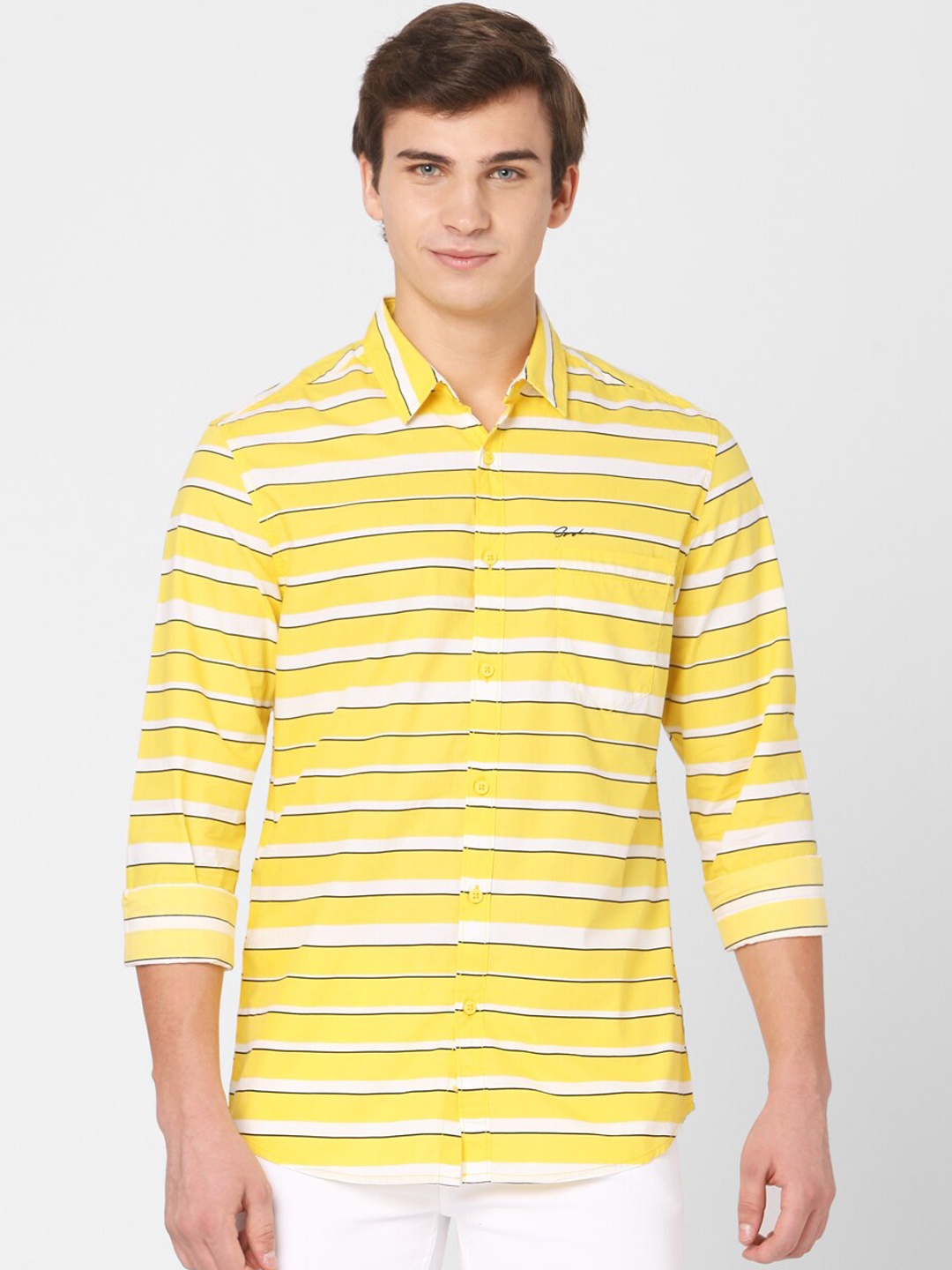 

SPYKAR Men Yellow & Black Slim Fit Striped Casual Shirt