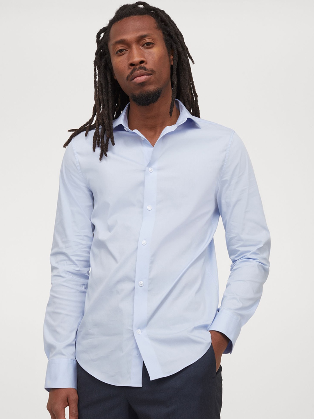 

H&M Men Blue Solid Stretch Shirt Slim Fit