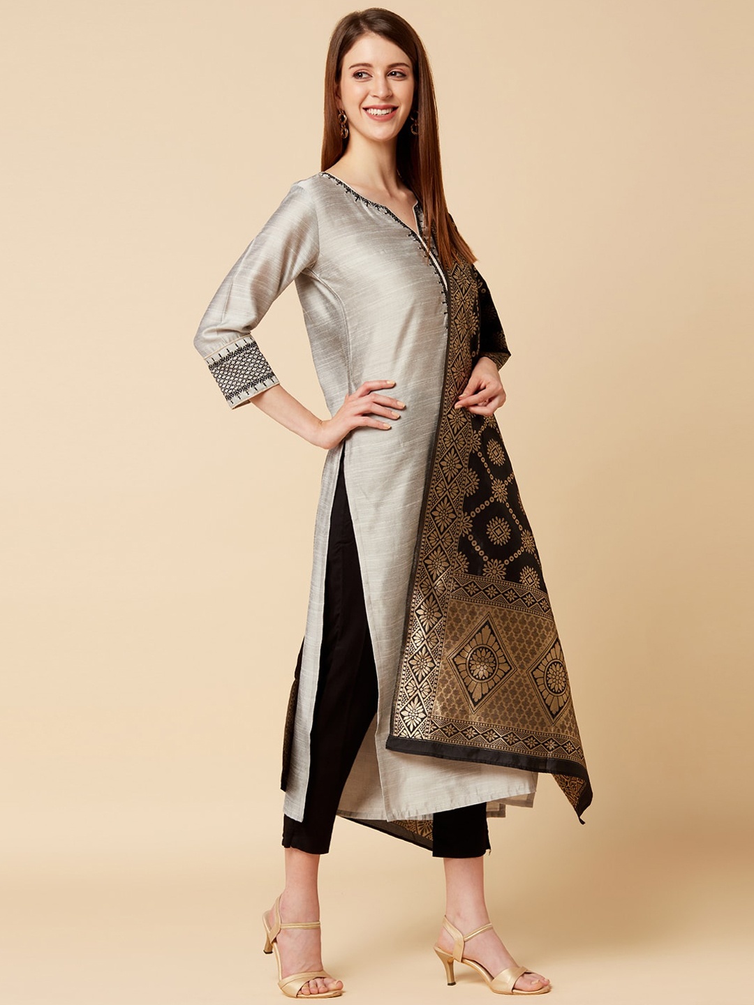 

Varanga Women Grey Art Silk Kurta Sets