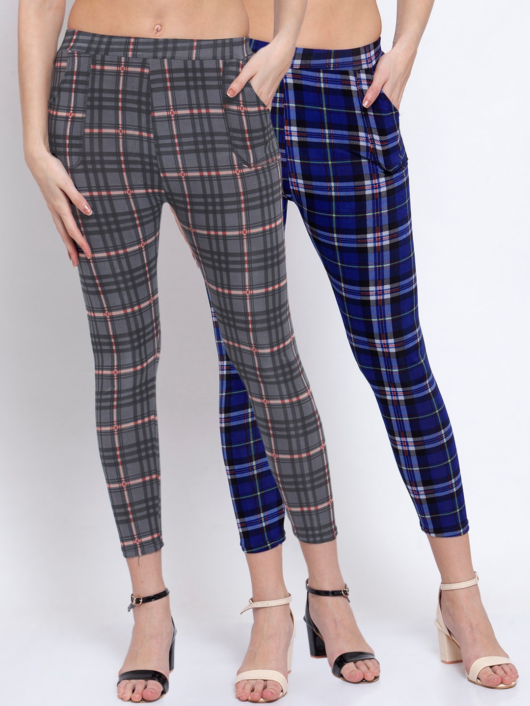 

KLOTTHE Women Pack Of 2 Checked Skinny-Fit Jeggings, Grey