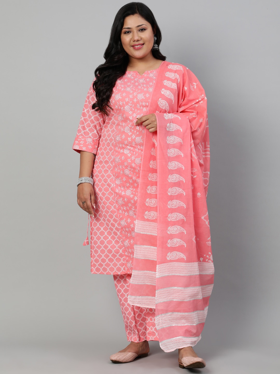 

Nayo Plus Size Women Peach Ethnic Motifs Printed Pure Cotton Kurta with Trousers & Dupatta