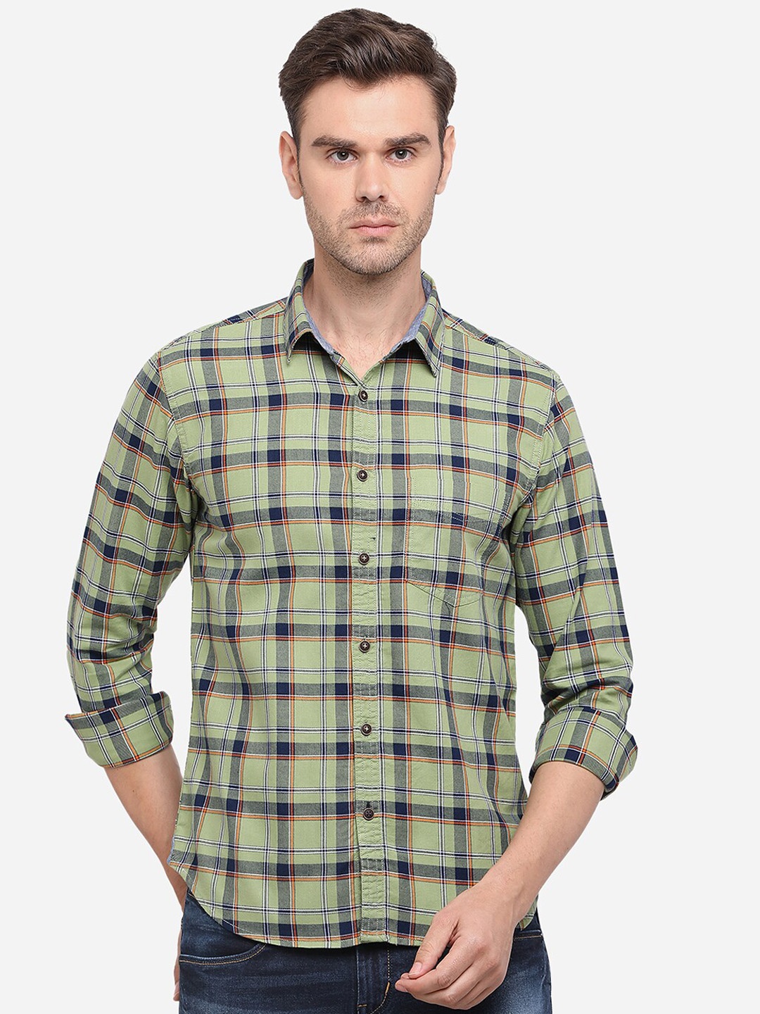 

Greenfibre Men Green & Navy Blue Slim Fit Checked Casual Shirt