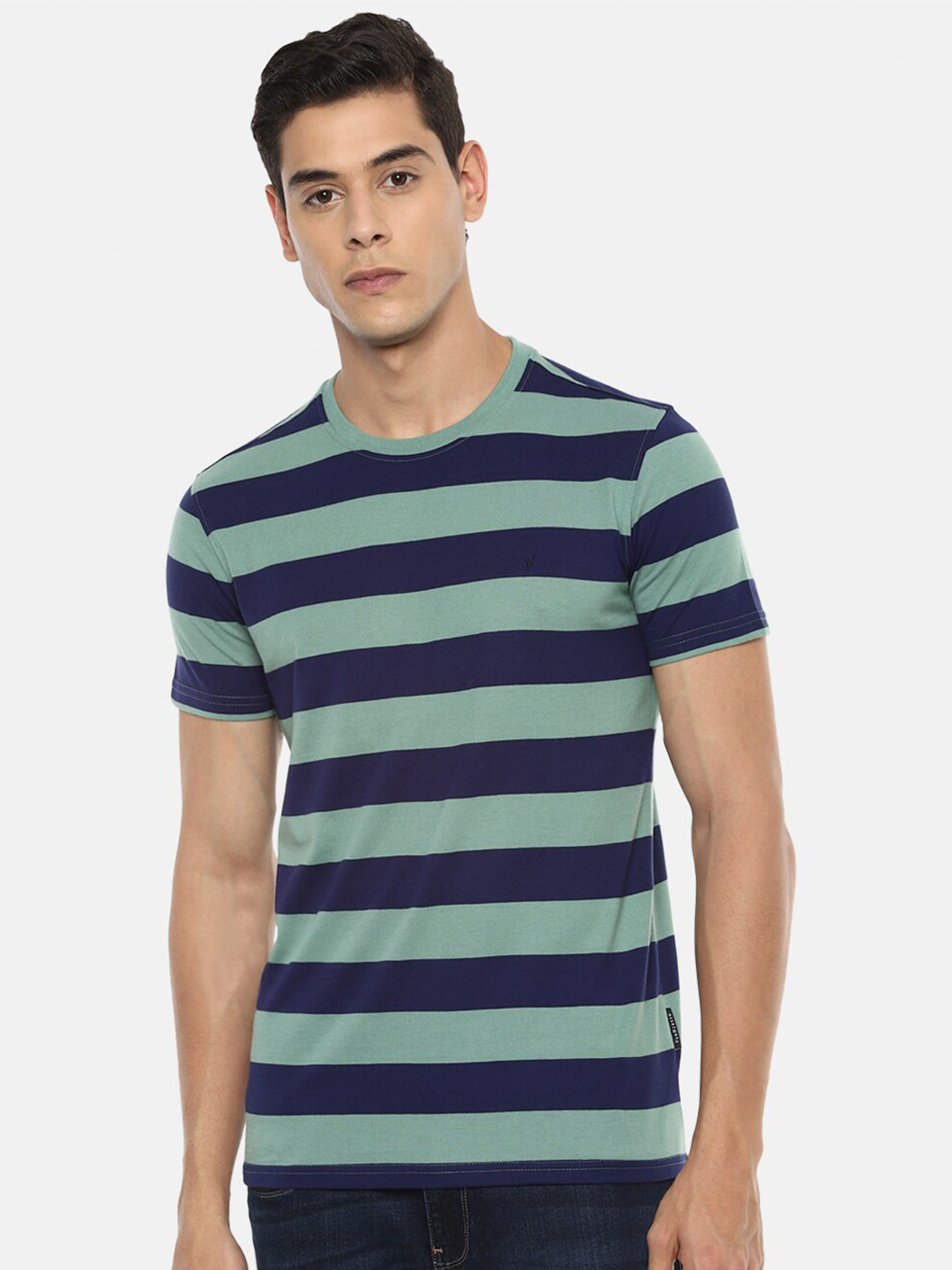 

Van Heusen Sport Men Green Striped Round Neck Pure Cotton T-shirt