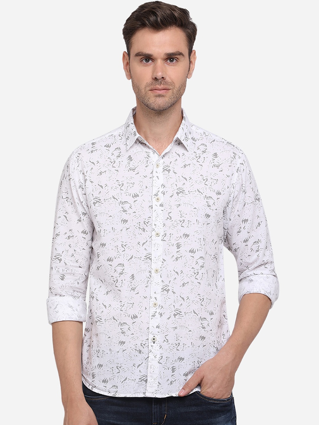 

Greenfibre Men White & Grey Slim Fit Printed Cotton Casual Shirt