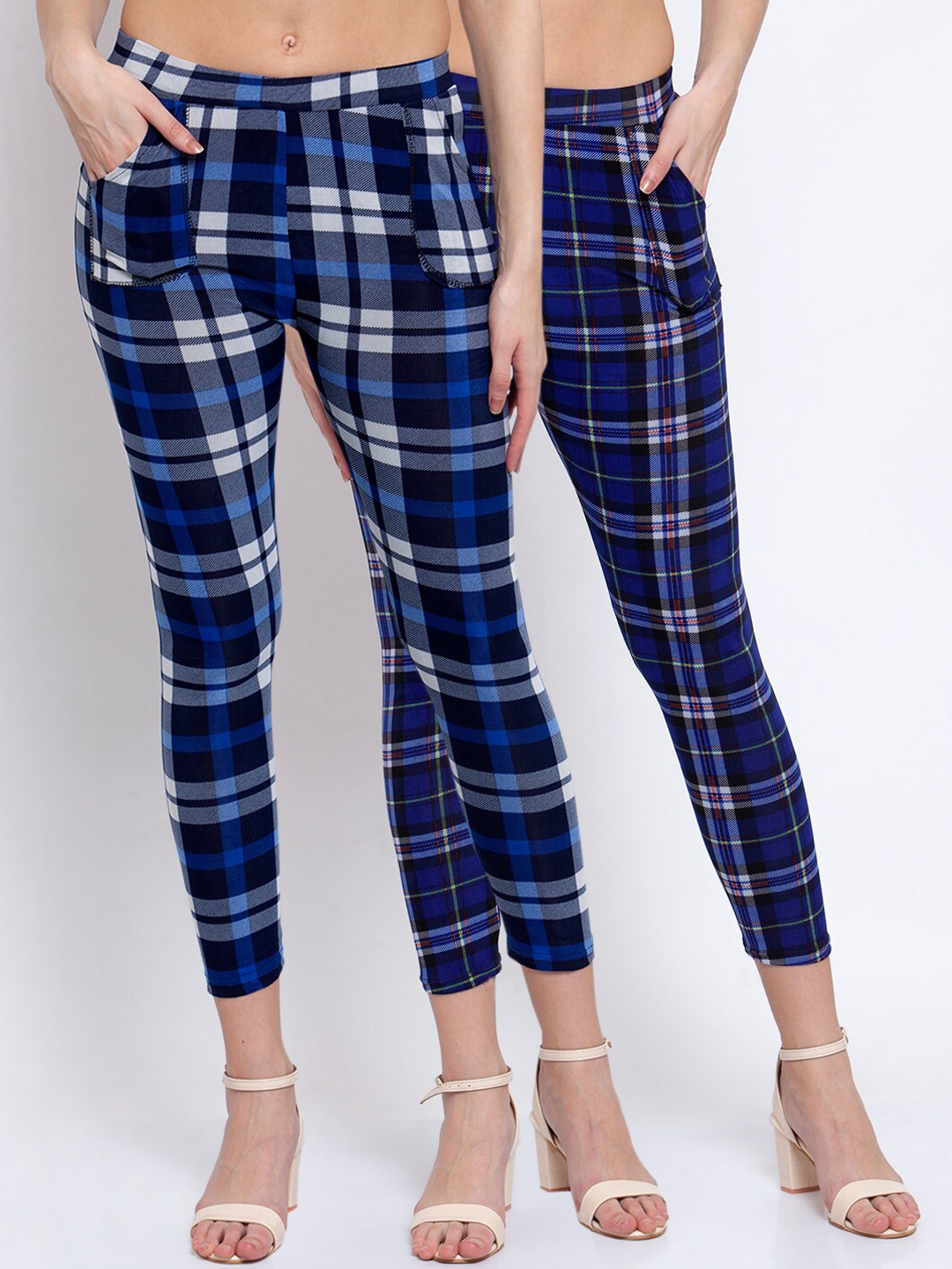 

KLOTTHE Women Pack Of 2 Checked Skinny-Fit Jeggings, Blue