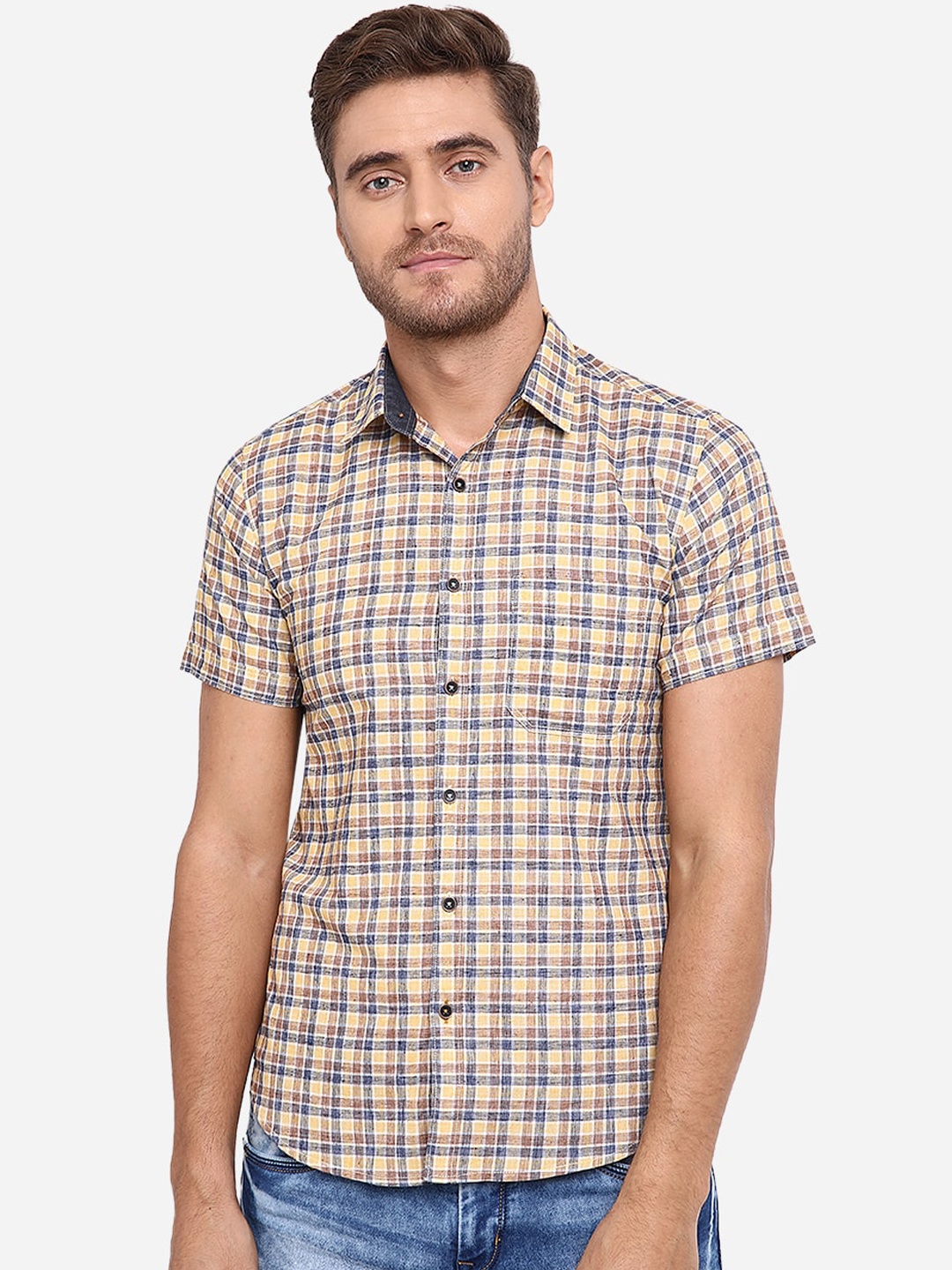 

Greenfibre Men Yellow & Navy Blue Slim Fit Checked Cotton Casual Shirt