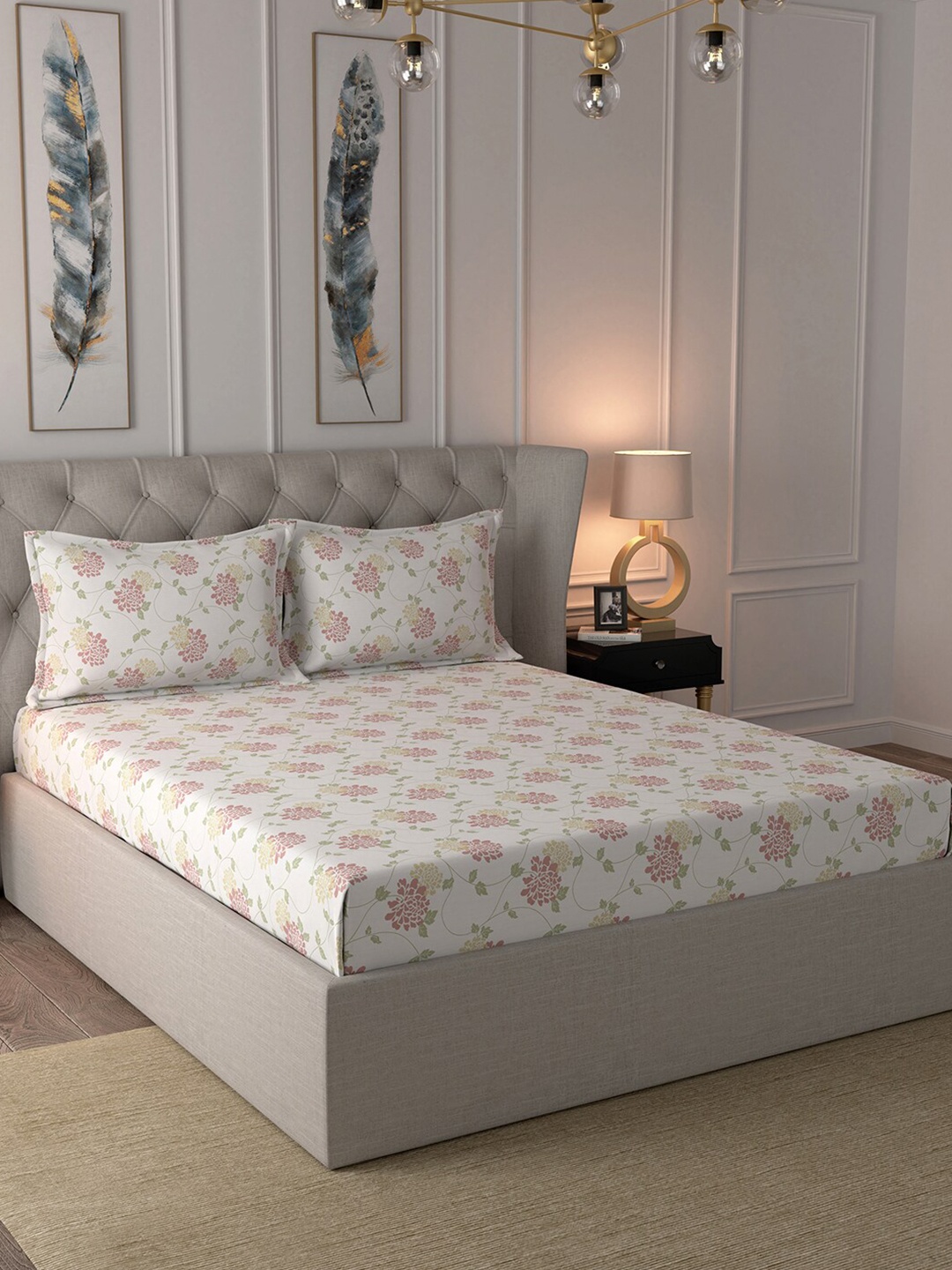 MASPAR White & Pink Floral 210 TC Cotton 1 Queen Bedsheet with 2 Pillow Covers