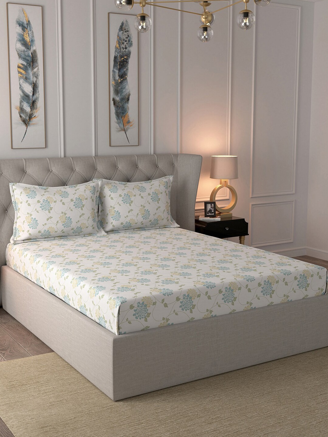 

In-House by maspar White & Green Floral 210 TC Cotton 1 Queen Bedsheet with 2 Pillow Covers