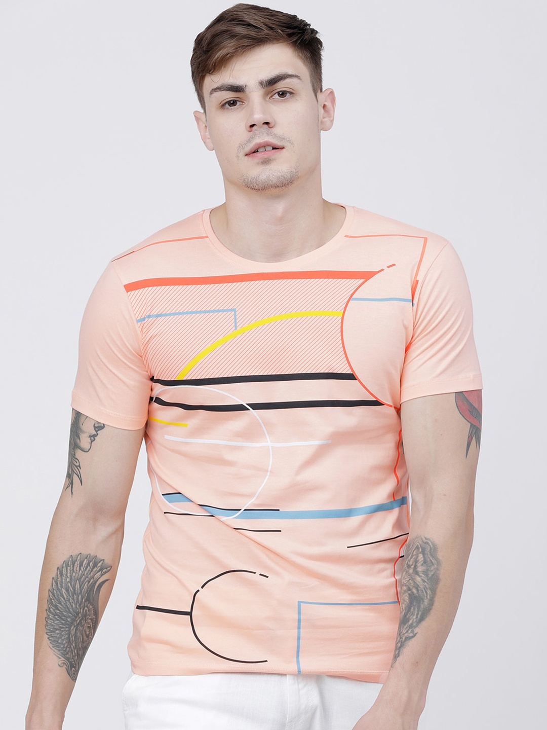 

LOCOMOTIVE Men Peach-Coloured Printed Round Neck T-shirt