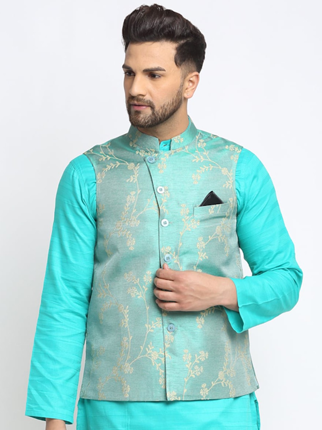 

NEUDIS Men Turquoise Blue & Beige Woven-Design Jacquard Silk Nehru Jacket