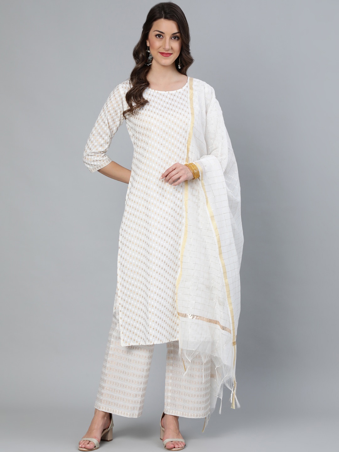 

Nayo Women Off-White printed Straight Kurta With Plazo & Dupatta