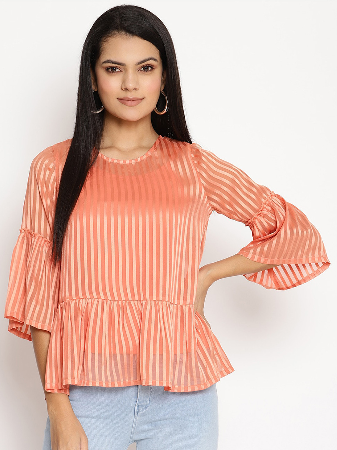 

HOUSE OF KKARMA Coral Striped Georgette Cinched Waist Top