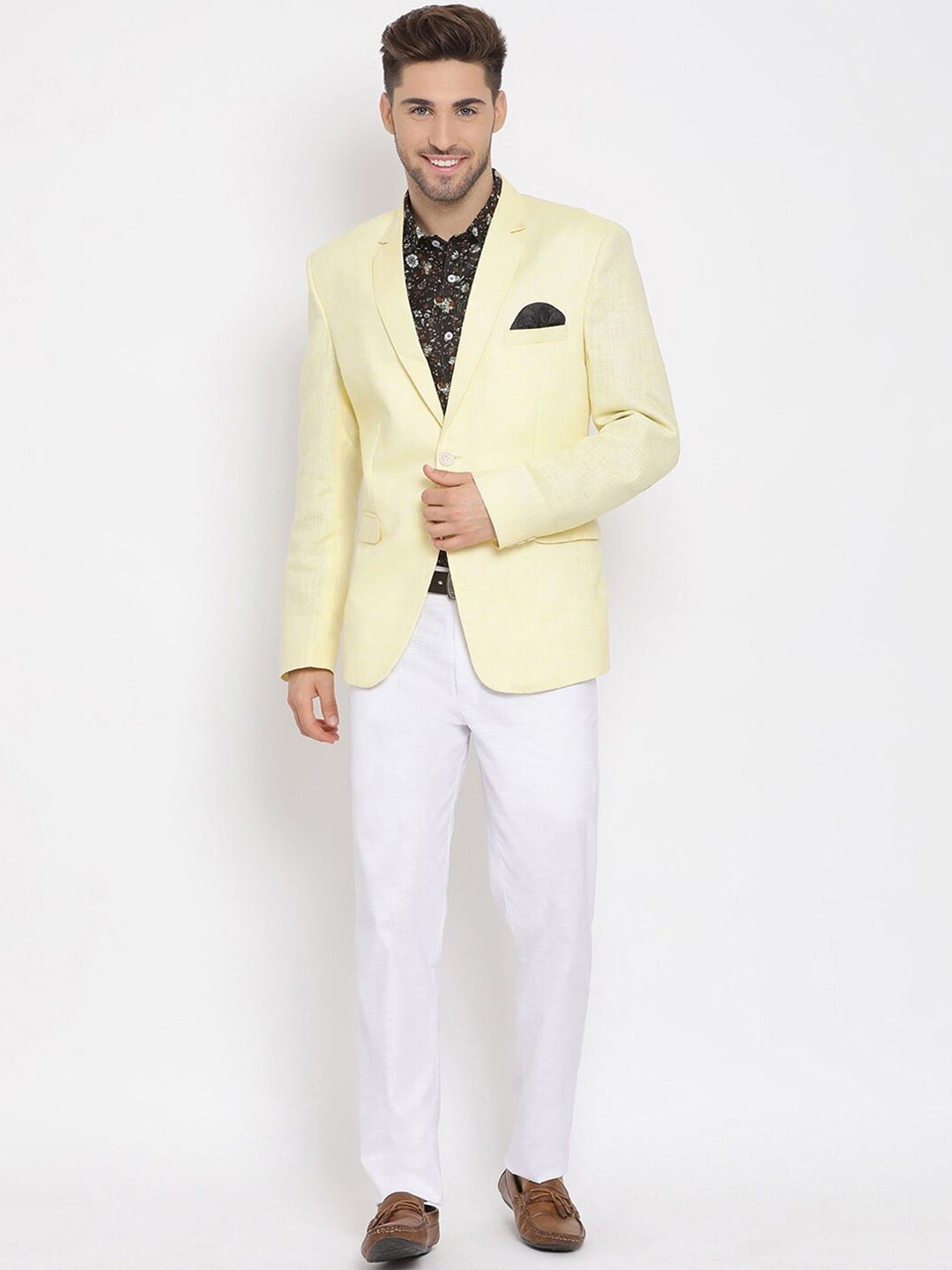 

Hangup Men Yellow & White Self-Design Single-Breasted 3-Piece Linen Casual Suit