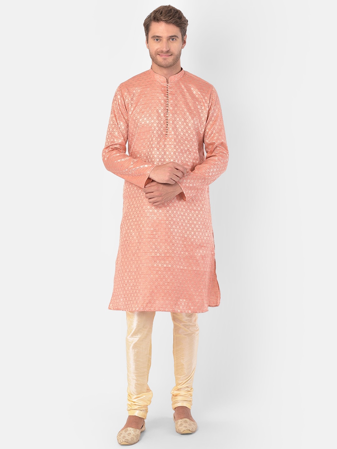 

DEYANN Men Orange Kurta and Churidar Set