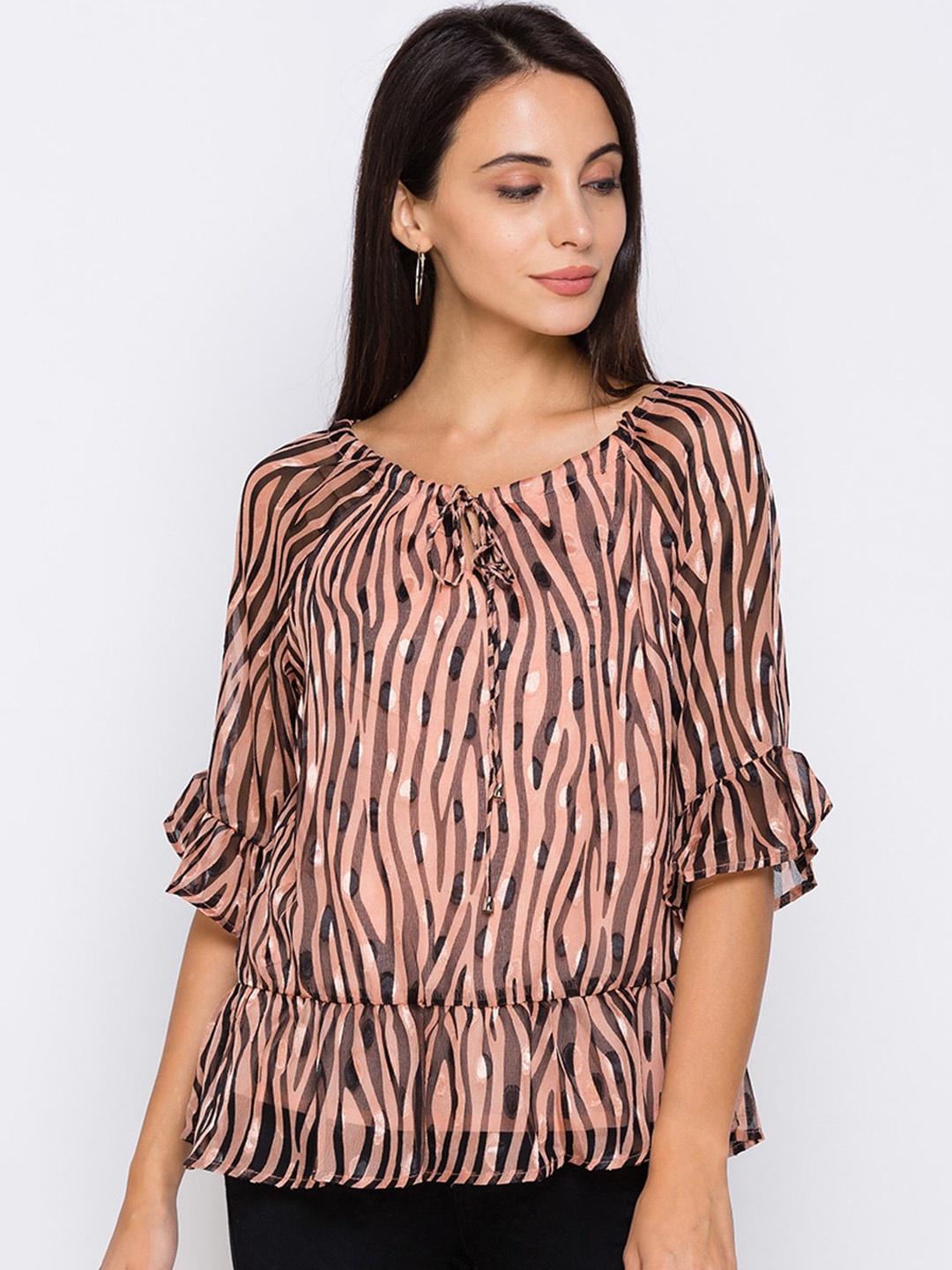 

Globus Nude-Coloured & Black Printed Tie-Up Neck Regular Top