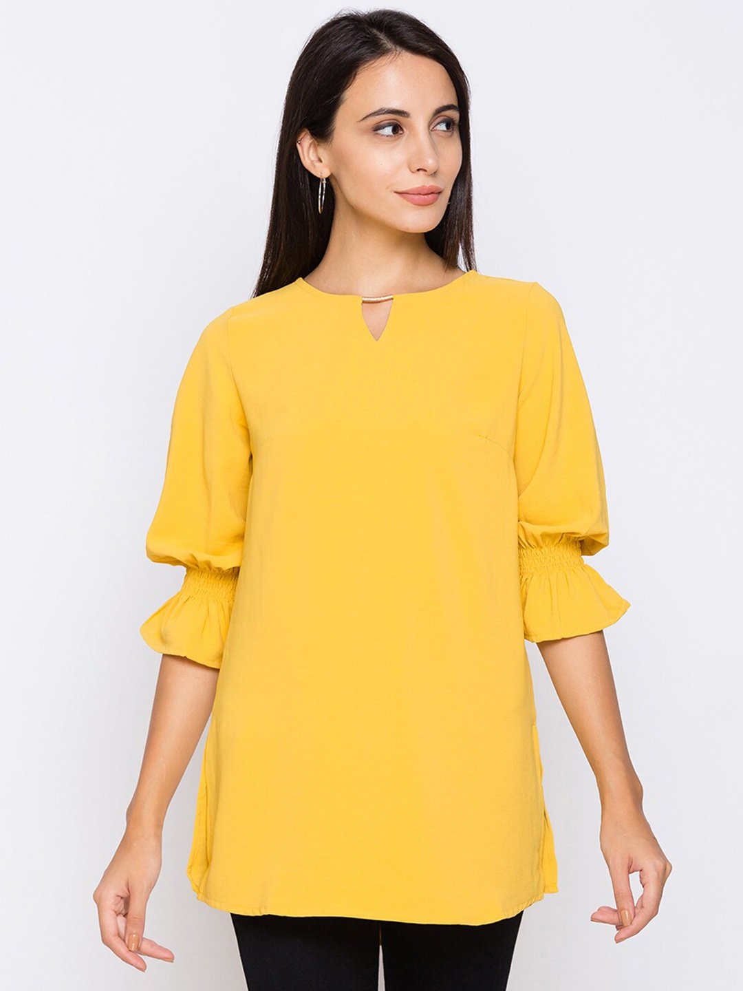 

Globus Mustard Keyhole Neck Bishop Sleeves Regular Top