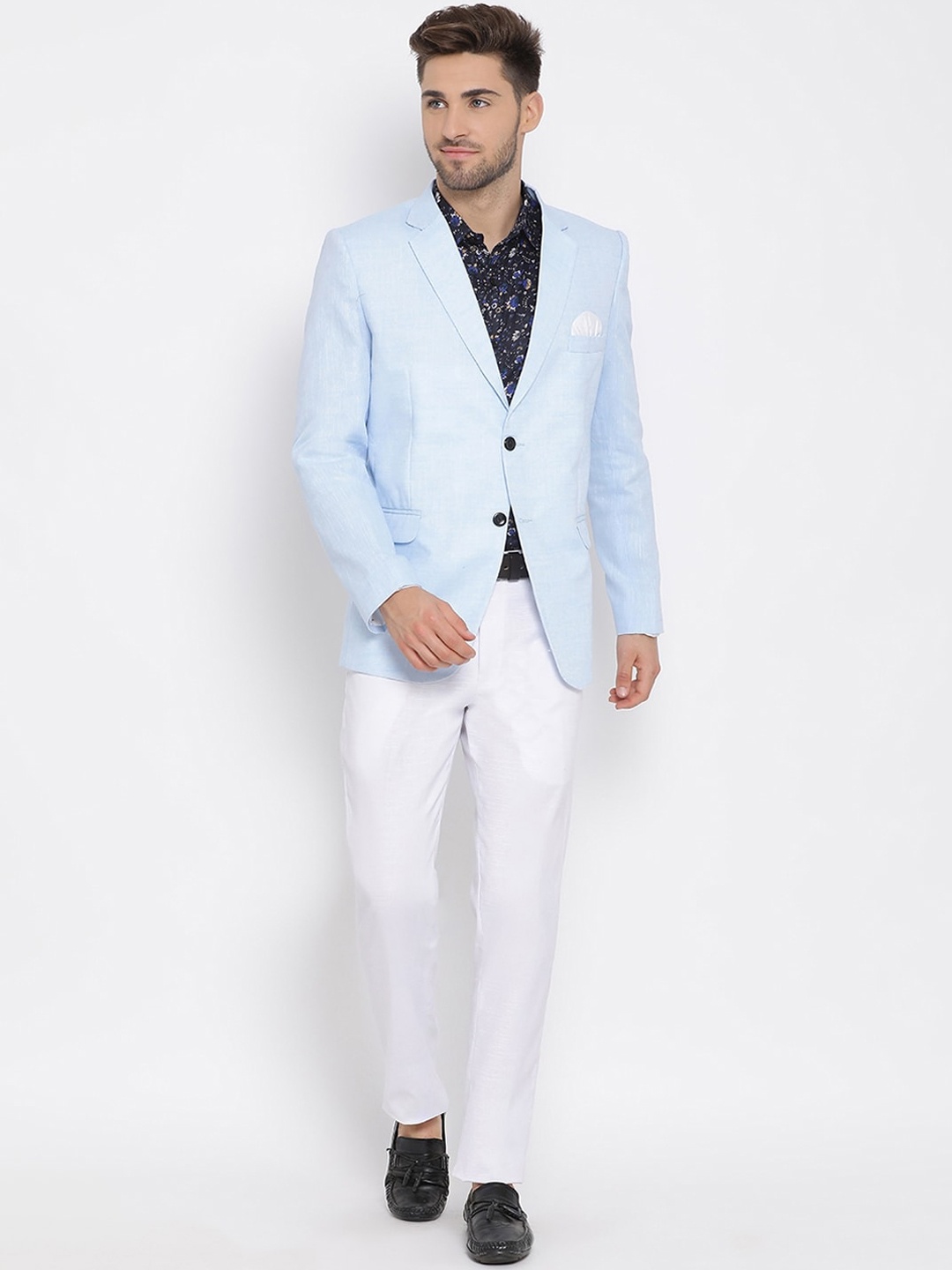 Hangup Men Blue & White Solid Single-Breasted Three-Piece Casual Suit