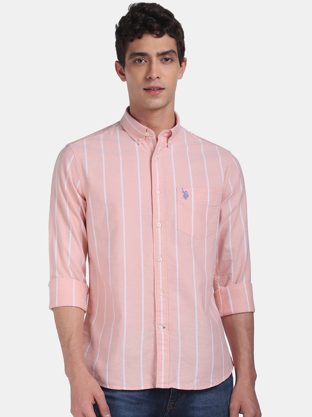 

U.S. Polo Assn. Men Peach Pure Cotton Regular Fit Striped Casual Shirt, Orange