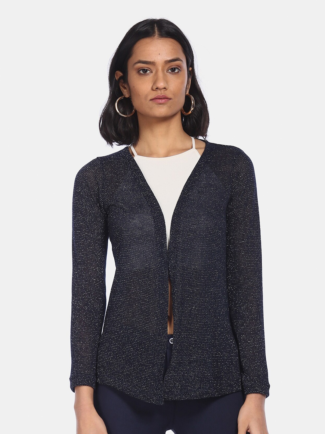 

Sugr Women Navy Blue Open Front Metallic Patterned Shrug