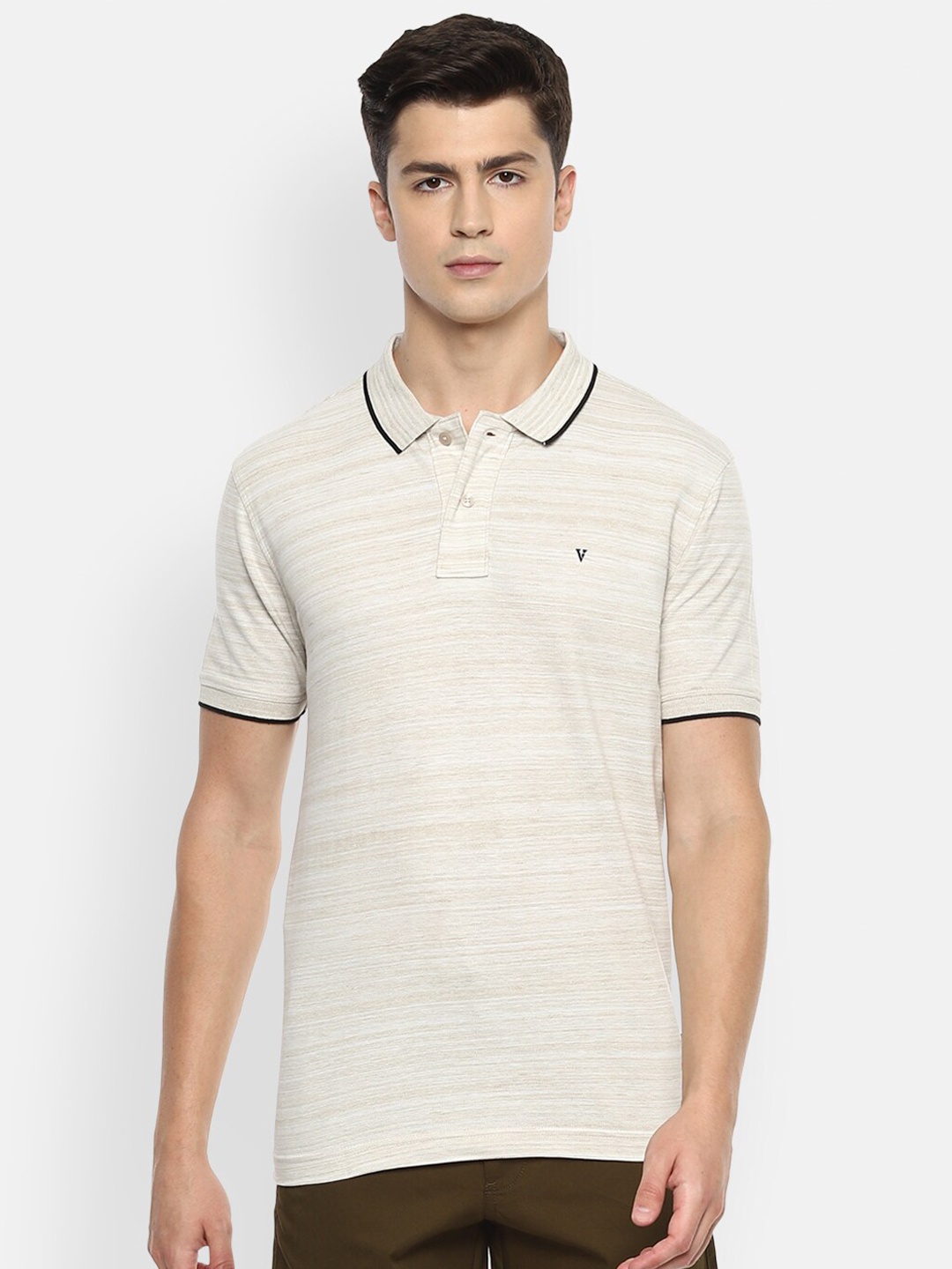 

Van Heusen Sport Men Beige Striped Polo Collar Pure Cotton T-shirt