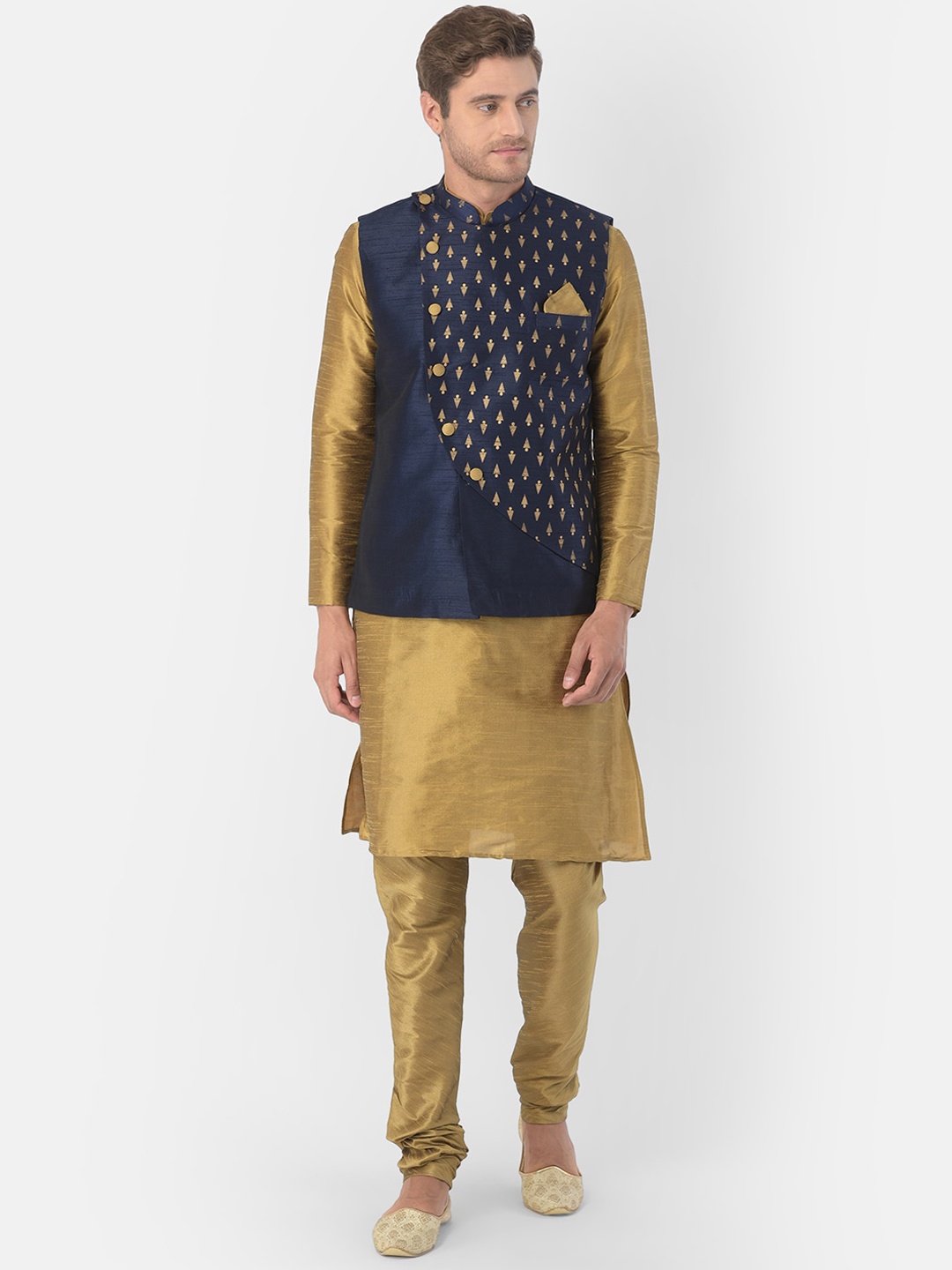

DEYANN Men Navy Blue & Gold-Toned Solid Kurta with Churidar & Nehru Jacket