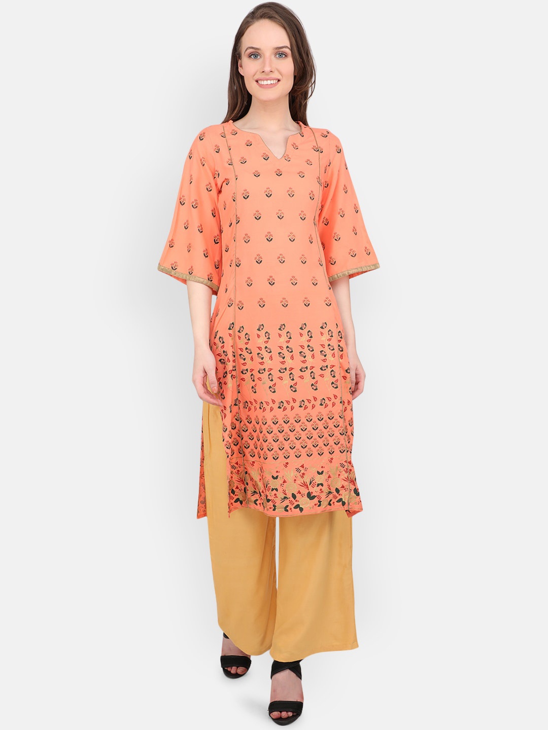 

MARC LOUIS Women Peach-Coloured Floral Printed Flared Sleeves Floral Kurta