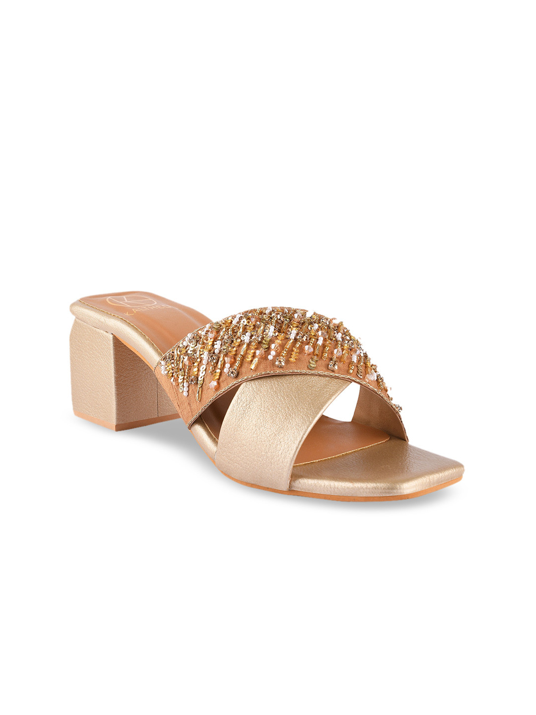 

KALTHEOS Women Gold-Toned & Beige Embellished Sandals