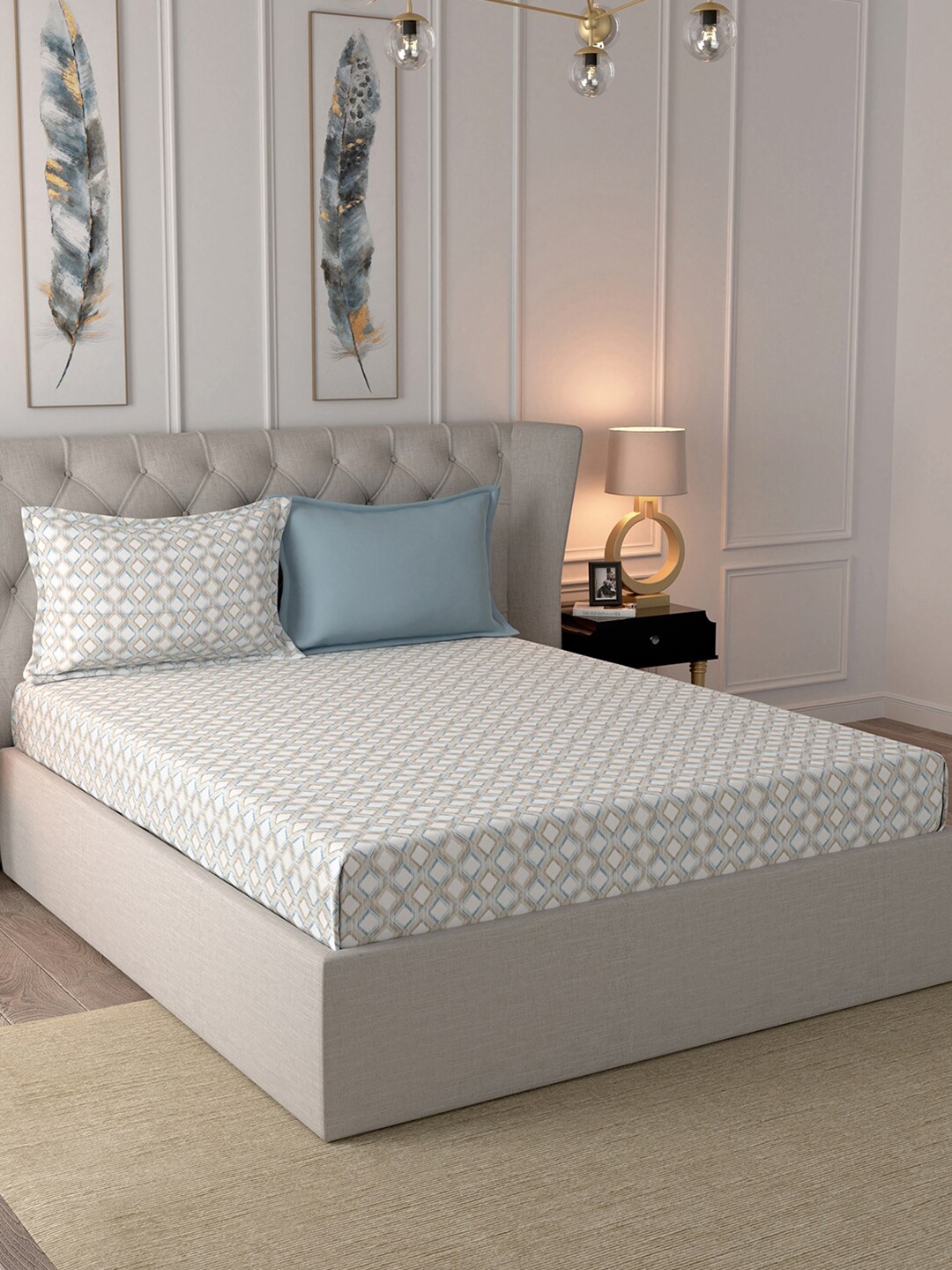 

In-House by maspar White & Blue Geometric 210 TC Cotton 1 King Bedsheet with 2 Pillow Covers