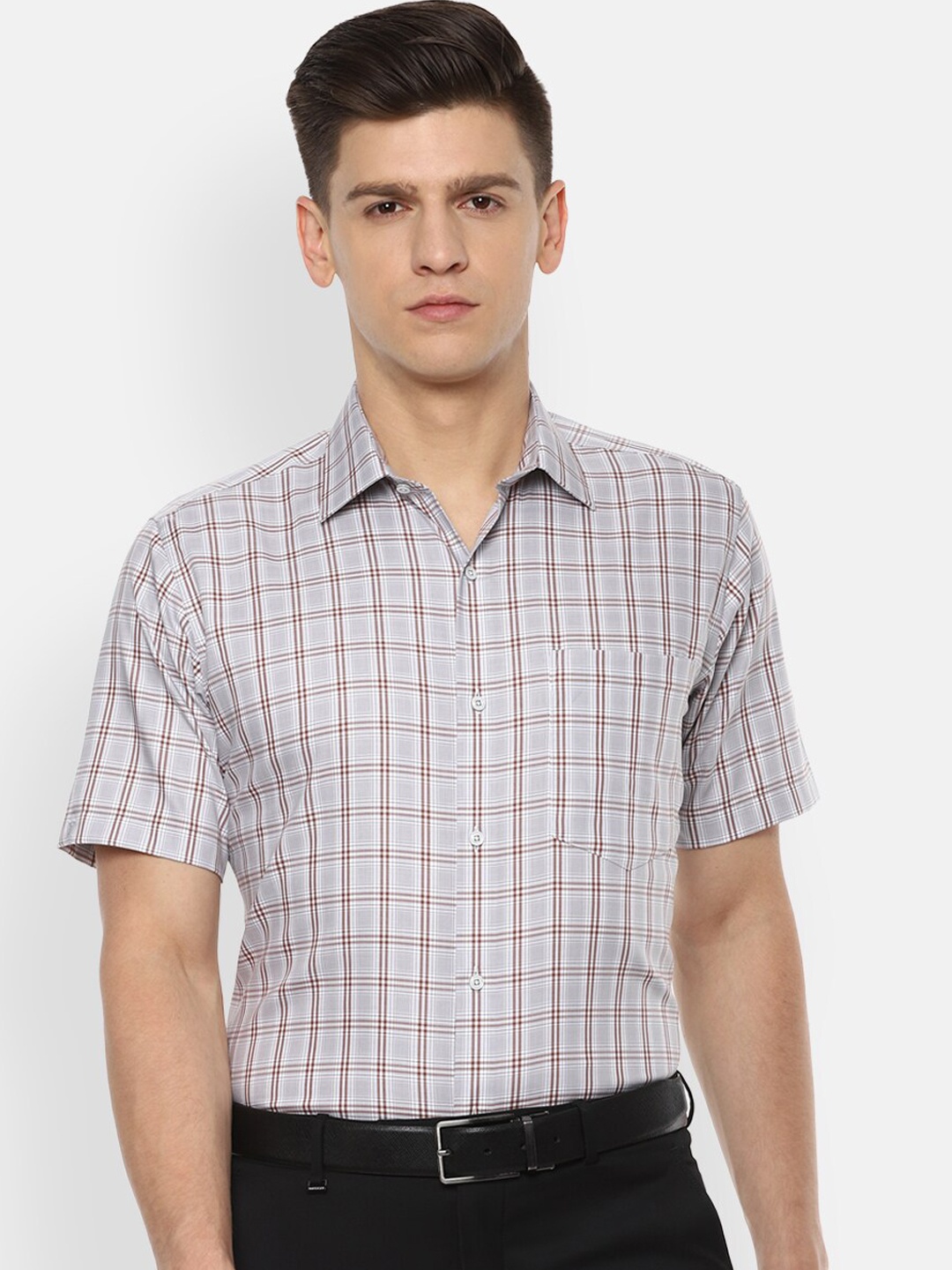 

Van Heusen Men Grey & Brown Regular Fit Checked Formal Shirt