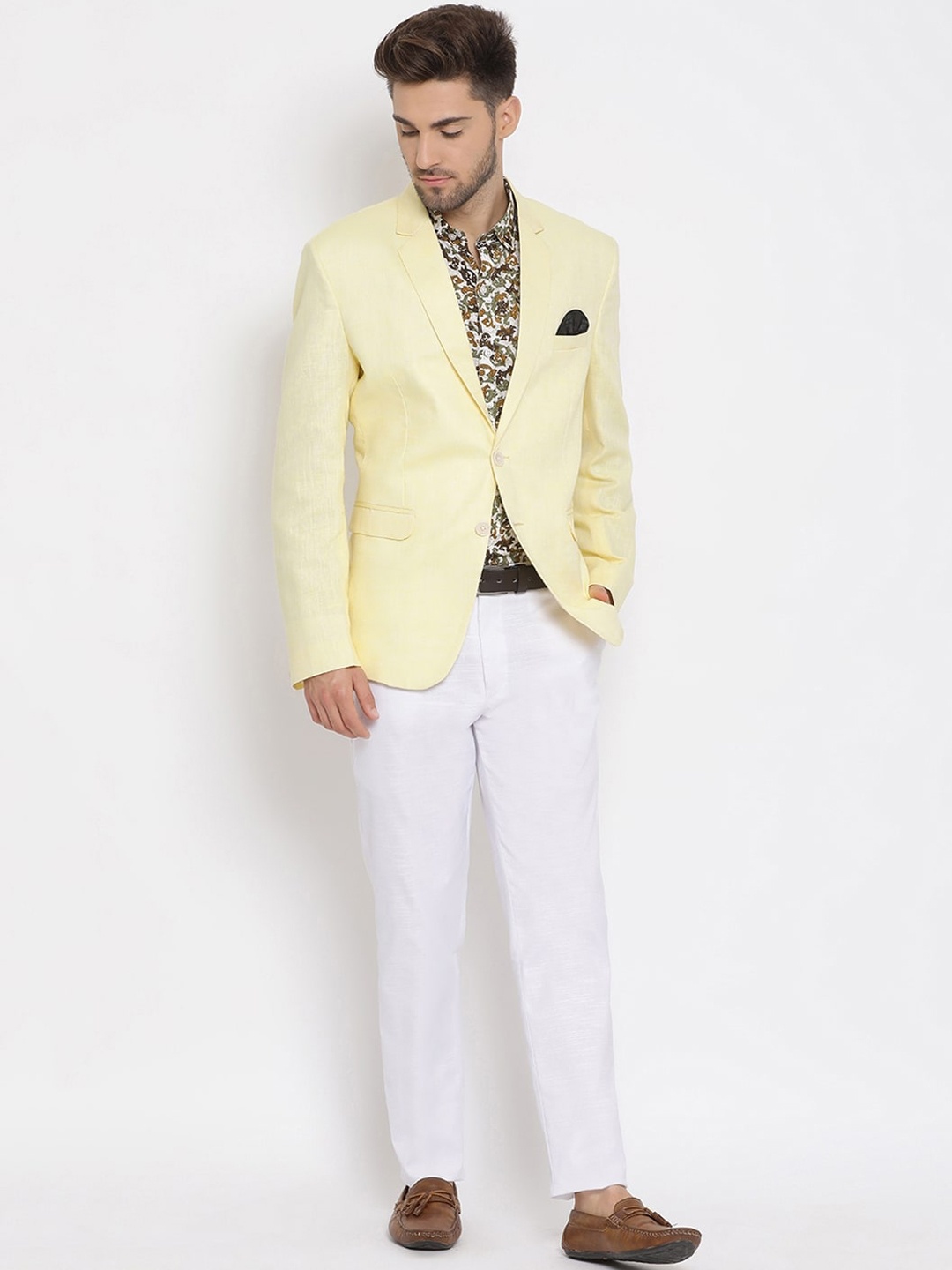 Hangup Men Yellow & White Self-Design Single-Breasted Three-Piece Linen Party Suit