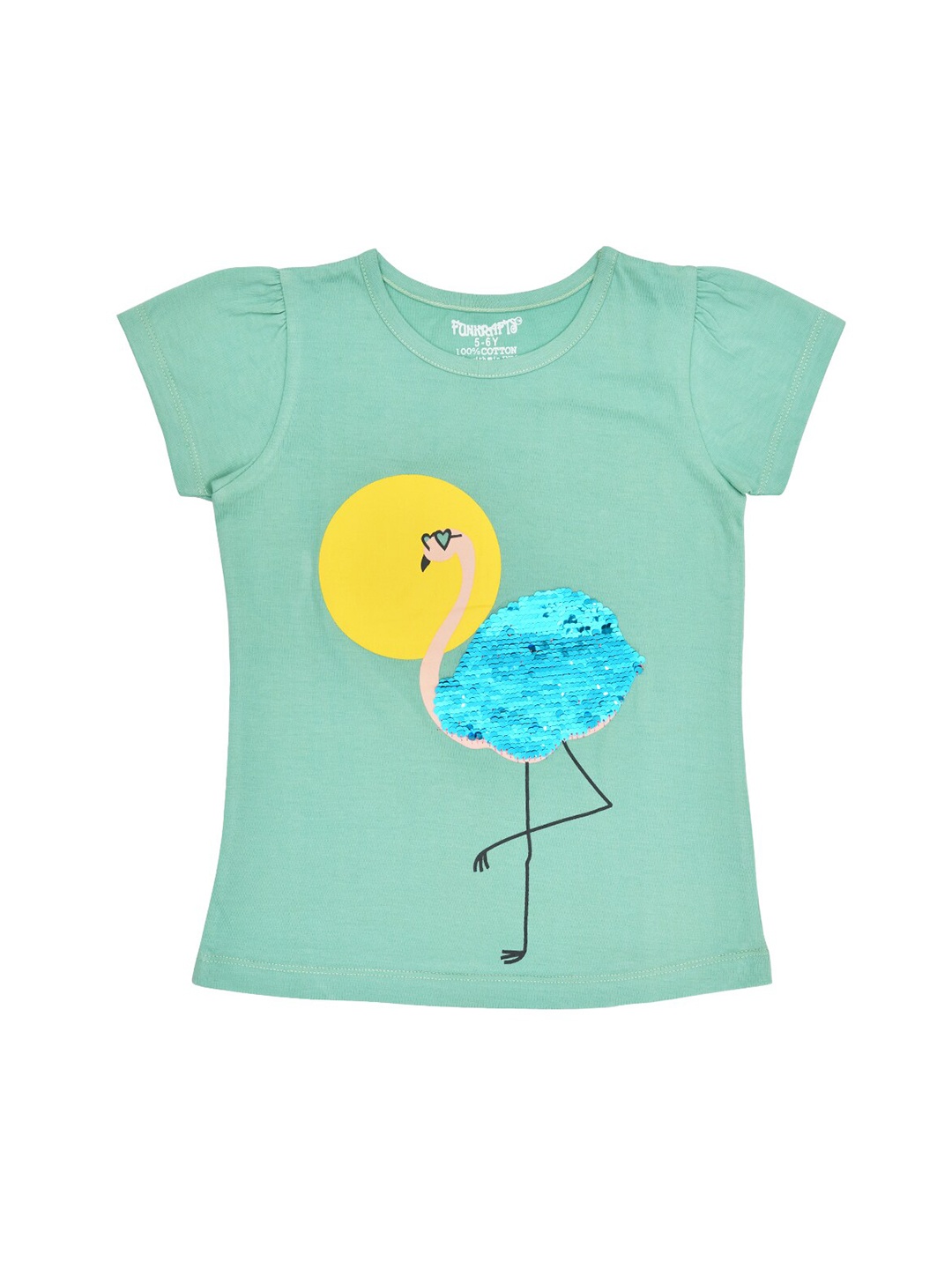

FUNKRAFTS Girls Sea Green Blue Flip Sequinned Round Neck Pure Cotton T-shirt