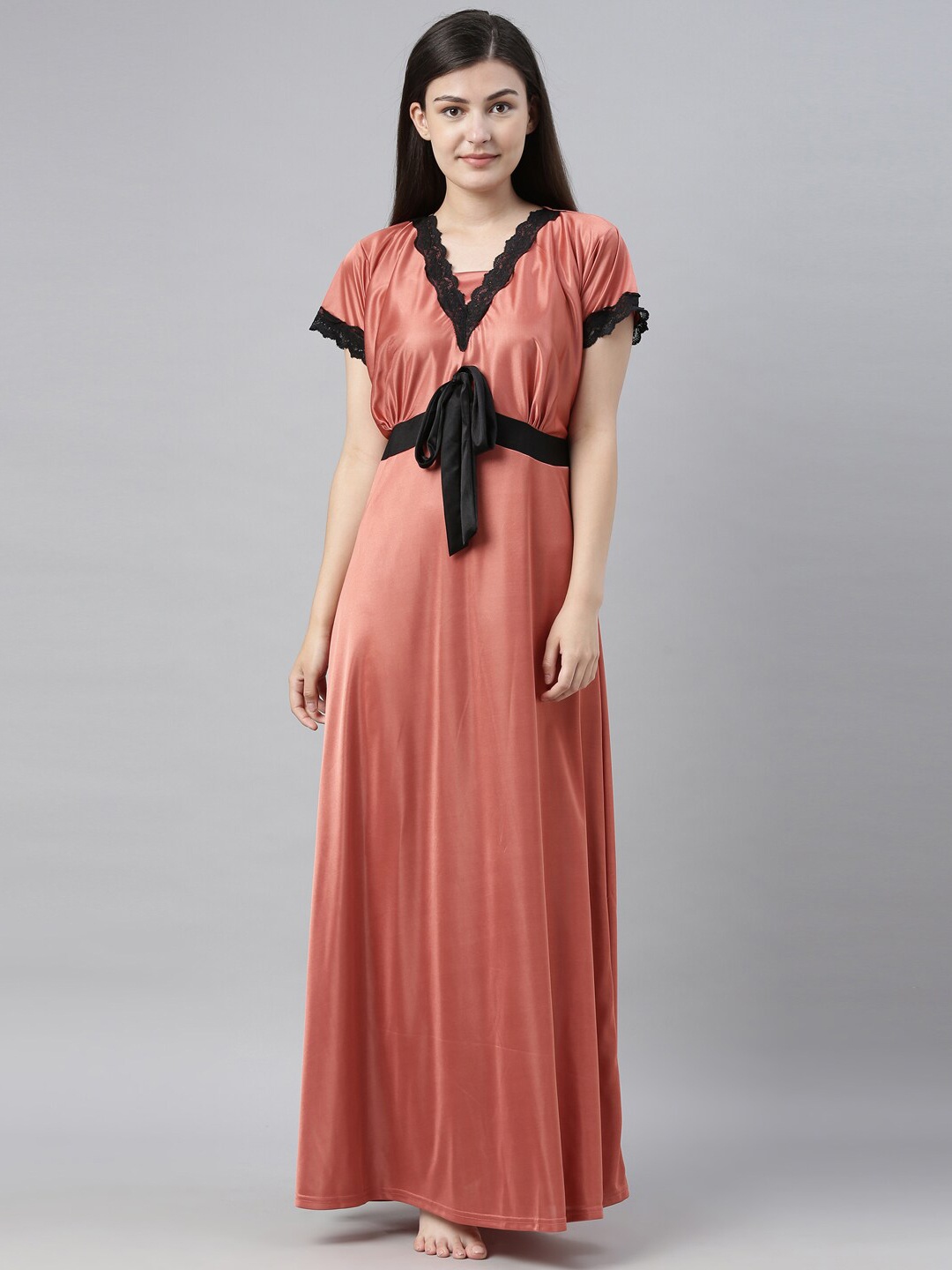 

Bailey sells Peach-Coloured & Black Solid Satin Night Dress