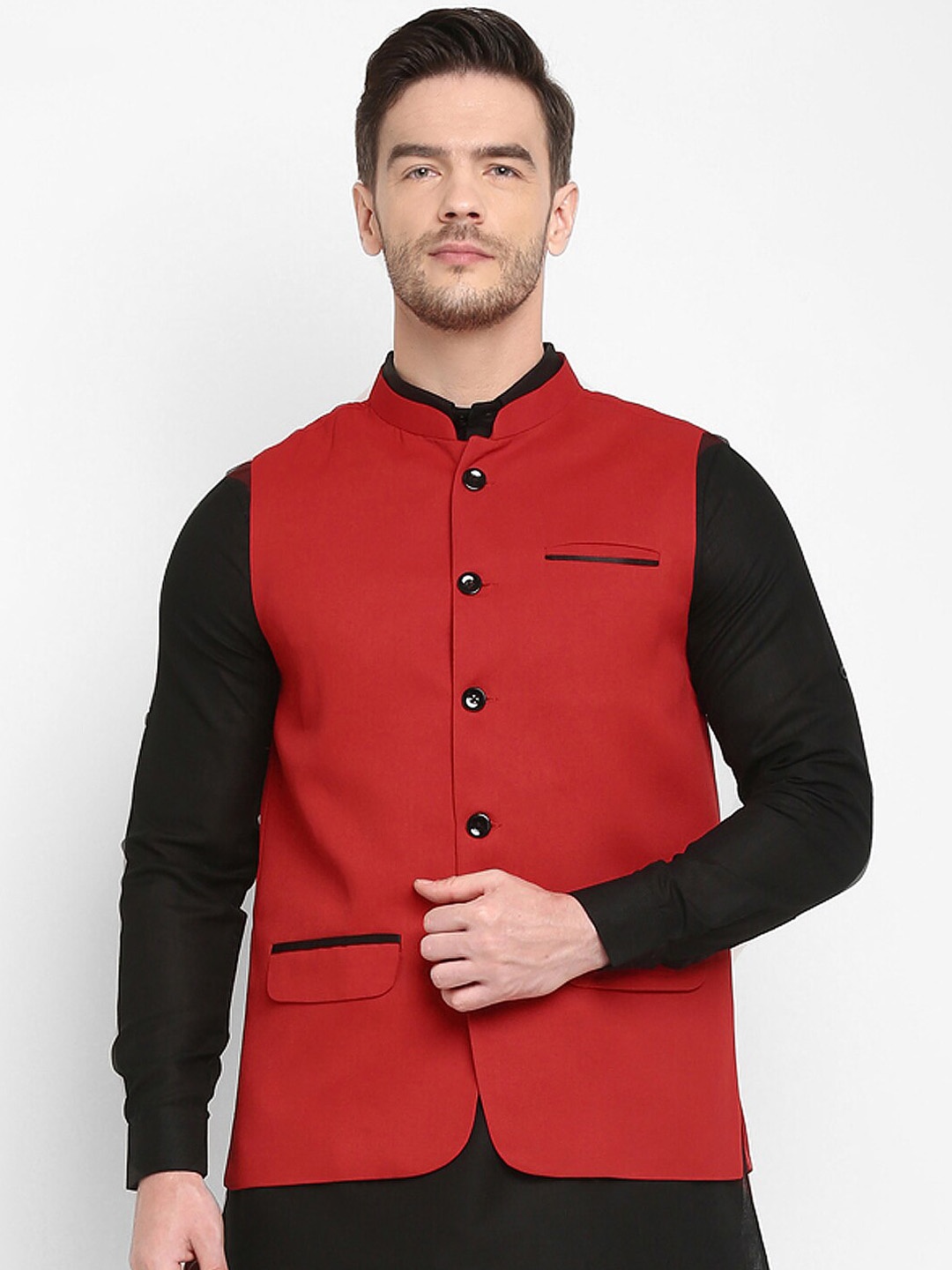 Hangup Men Red Solid Nehru Jacket