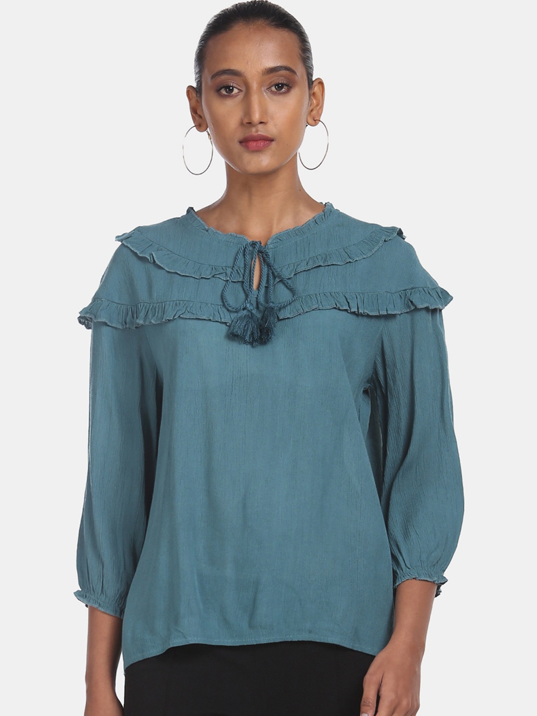 

Cherokee Teal Blue Tie-Up Neck Regular Top