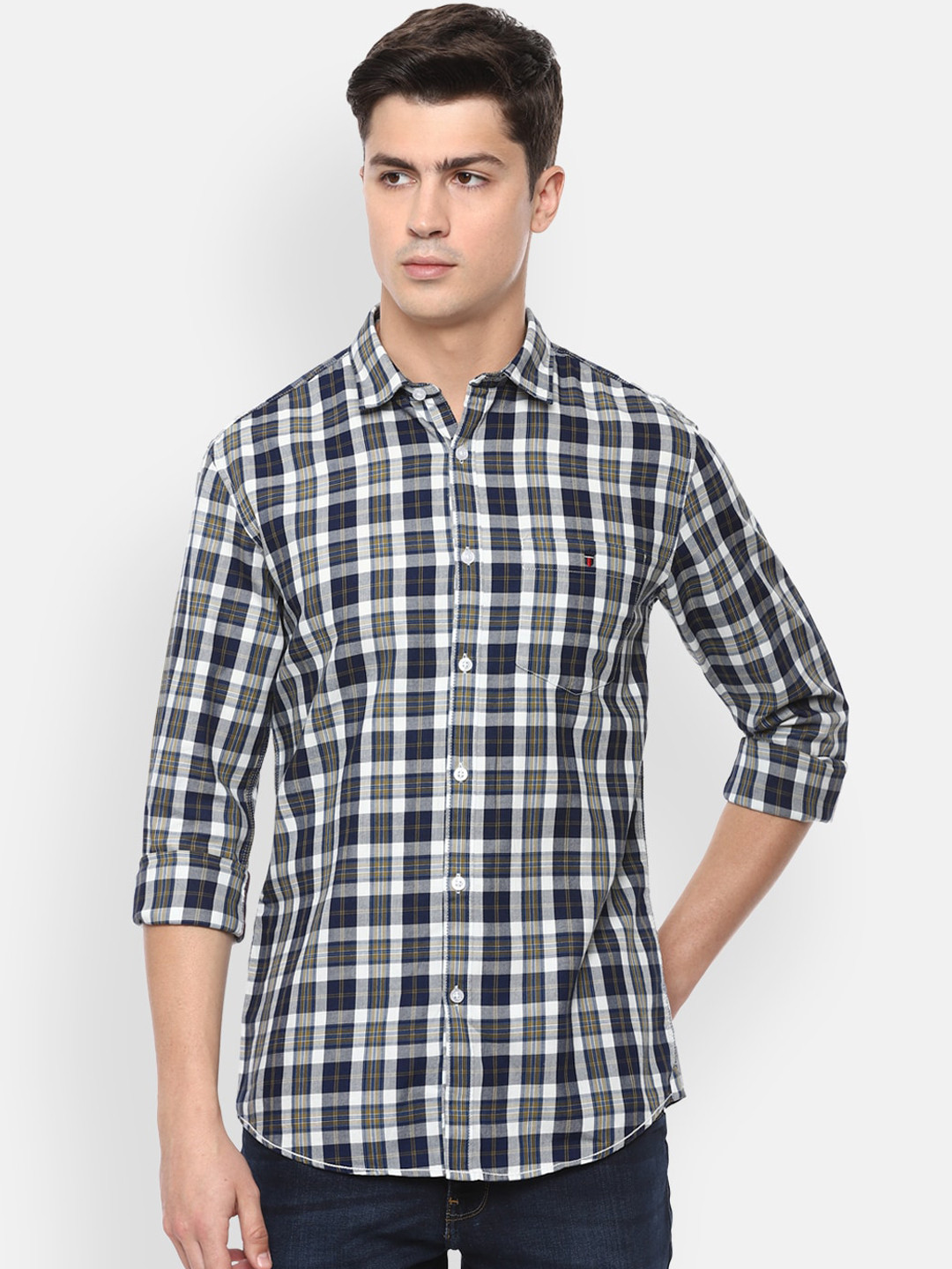 

Louis Philippe Jeans Men Navy Blue & White Slim Fit Checked Casual Shirt
