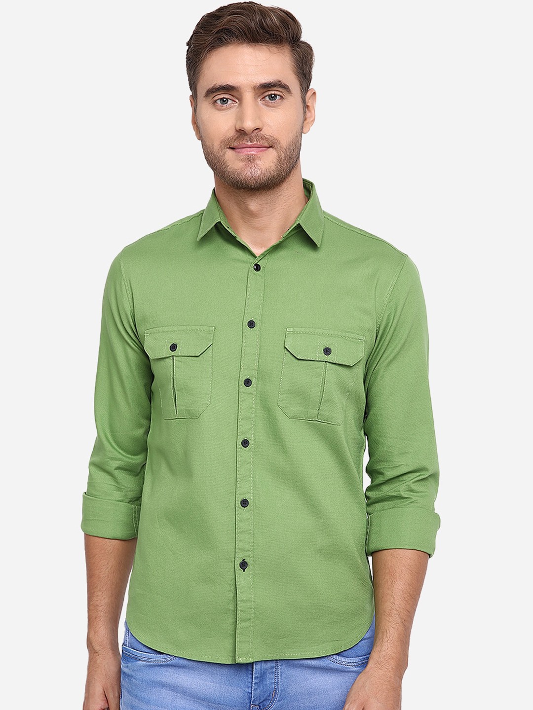 

Greenfibre Men Green Slim Fit Solid Cotton Casual Shirt