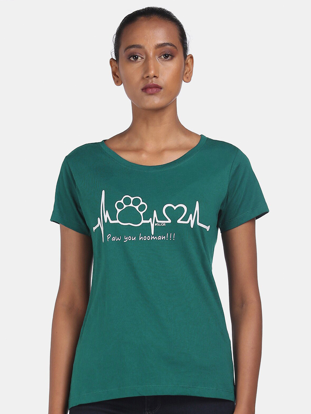 

Sugr Women Green Printed Round Neck Pure Cotton T-shirt