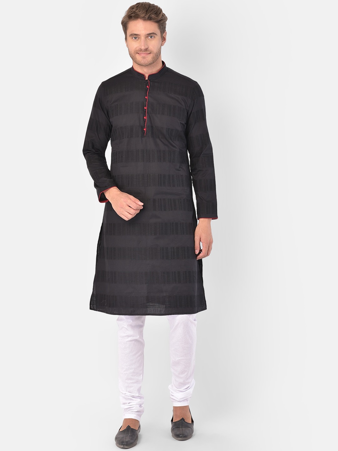 

LAMAAYA Men Black Self- Striped Kurta and Trouser Set