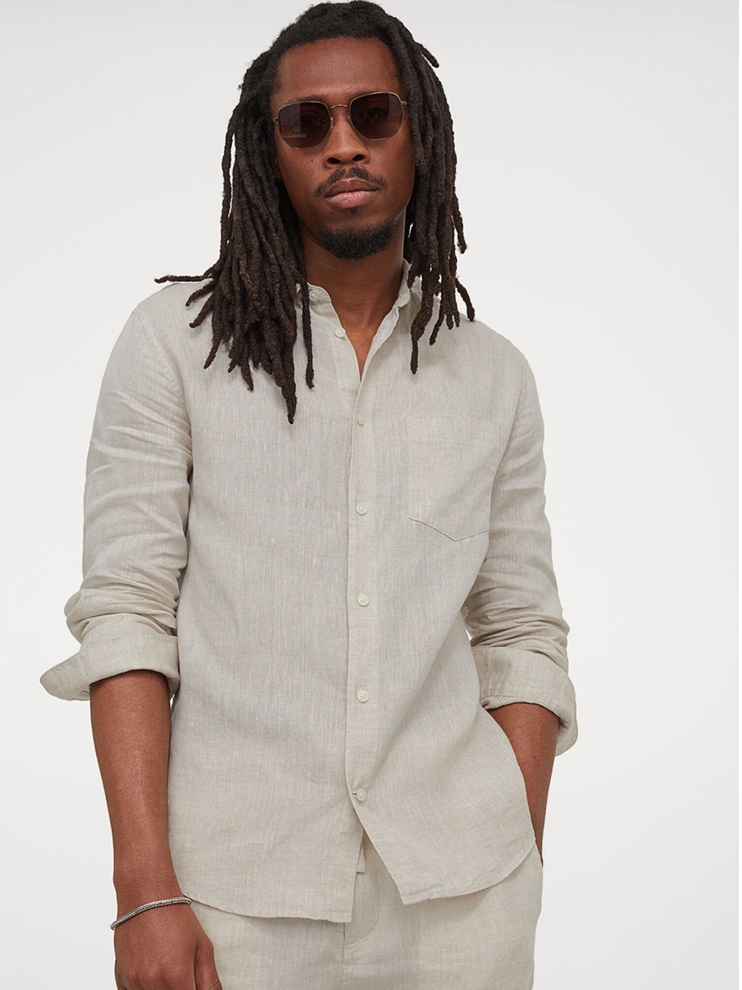 

H&M Men Beige Solid Regular Fit Linen Shirt