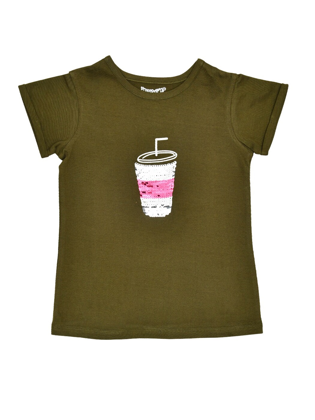 

FUNKRAFTS Girls Olive Brown White Sequinned Round Neck Pure Cotton T-shirt