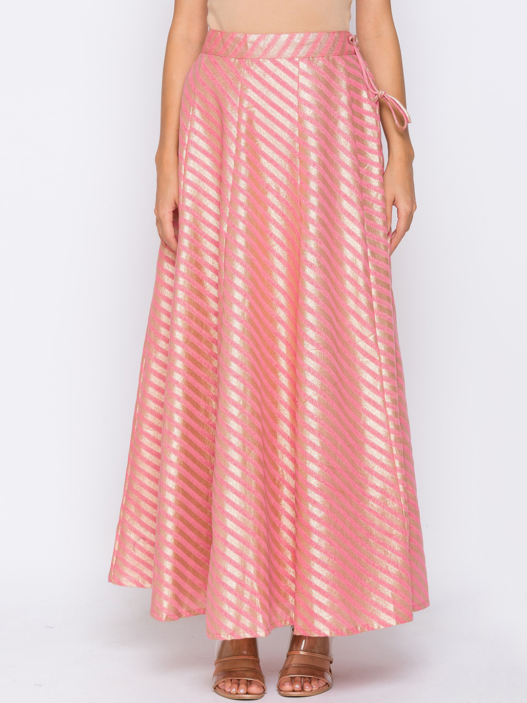 

Globus Women Pink & Golden Striped Printed Flared Maxi Skirt