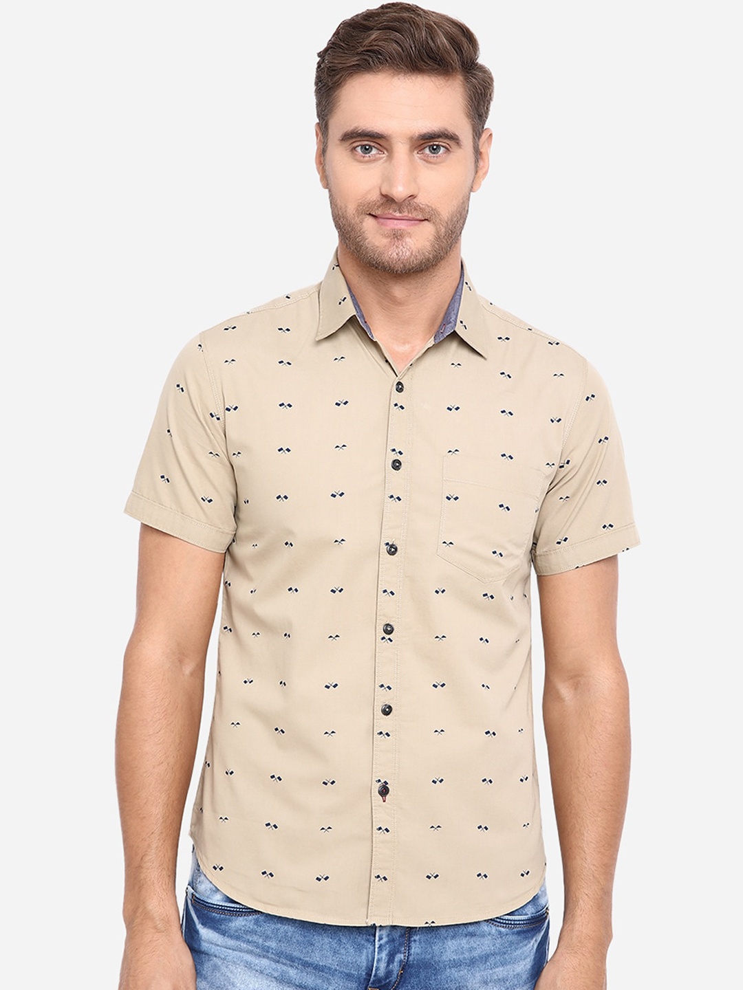 

Greenfibre Men Beige & Navy Blue Slim Fit Printed Cotton Casual Shirt